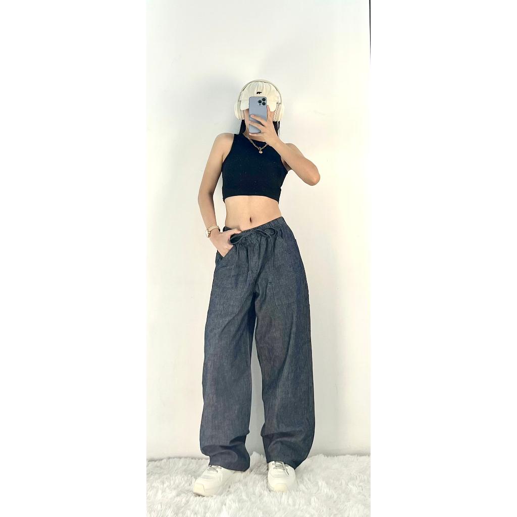 Quần Jean cạp chun Ống Suông SJP08_Quần cạp chun ống rộng nữ đẹp, thương hiệu SAMMA JEANS