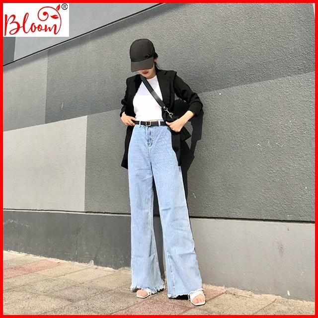 Quần jean nữ ống rộng lưng cao form suông Dài Cao Cấp để phối Hunter, Sneaker, Giày cao gót YUKIBLOOM QJD01