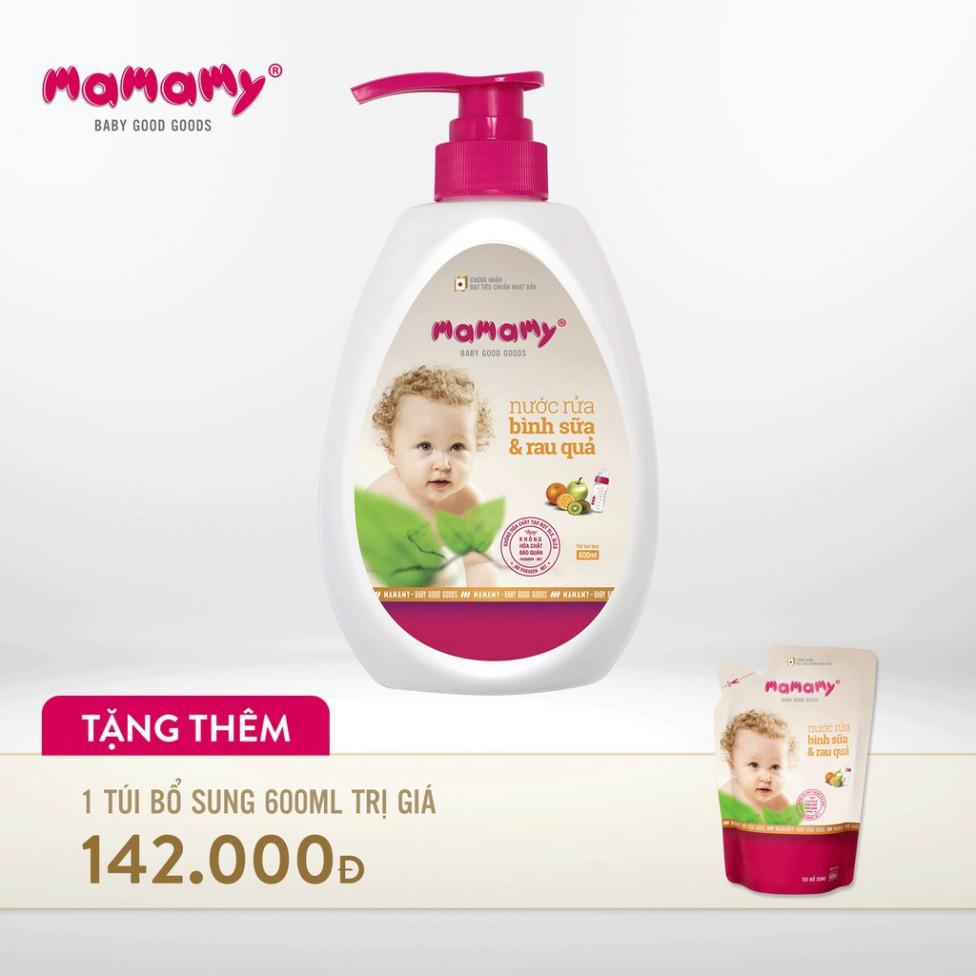 Nước rửa bình sữa thiên nhiên Mamamy 600ml + kèm 1 túi bổ sung 600ml tặng kèm 1 gói Beeno 80 tờ