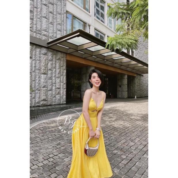Đầm maxi đũi có mút ngực khoét 2 dây dập ly khoét eo trắng vàng xanh Ivy fashion đi biển dự tiệc dạo phố bigsize gợi c