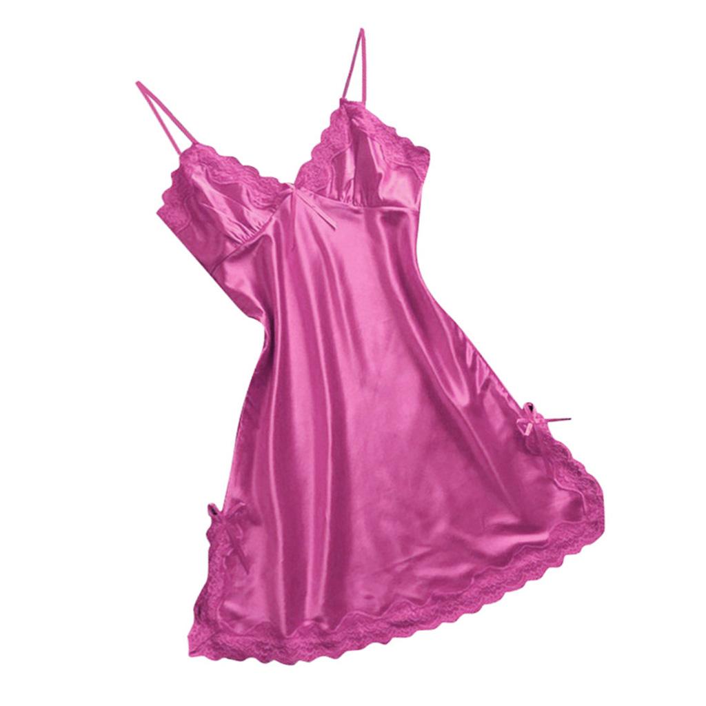 Satin Sleep Dress V-Neck Adjustable Shoulder Strap With Bowknot For Women