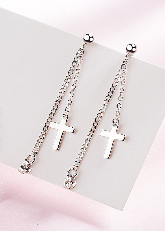 Bông tai nữ sợi mắt xích mix hình chữ thập