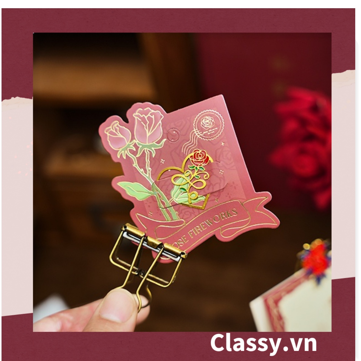 Bookmark /thẻ đánh dấu sách Hình Hoa Hồng vintage chất liệu Kim Loại đánh Dấu, đục lỗ tròn có thể gắn thêm ruy băng PK1793