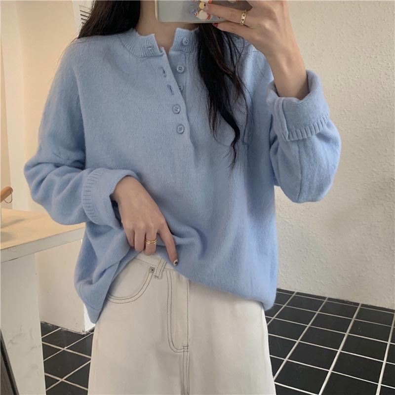Áo len nữ cổ tròn đính hàng cúc kiểu dáng basic nhiều màu Áo len thu đông chất len mịn dễ phối đồ