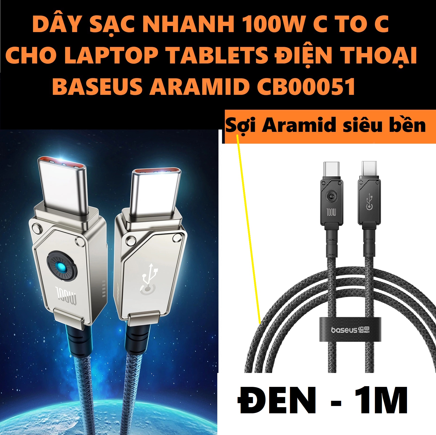 Dây sạc nhanh 100W C to C cho laptop macbook điện thoại siêu bền Baseus Aramid CB000051 _ hàng chính hãng