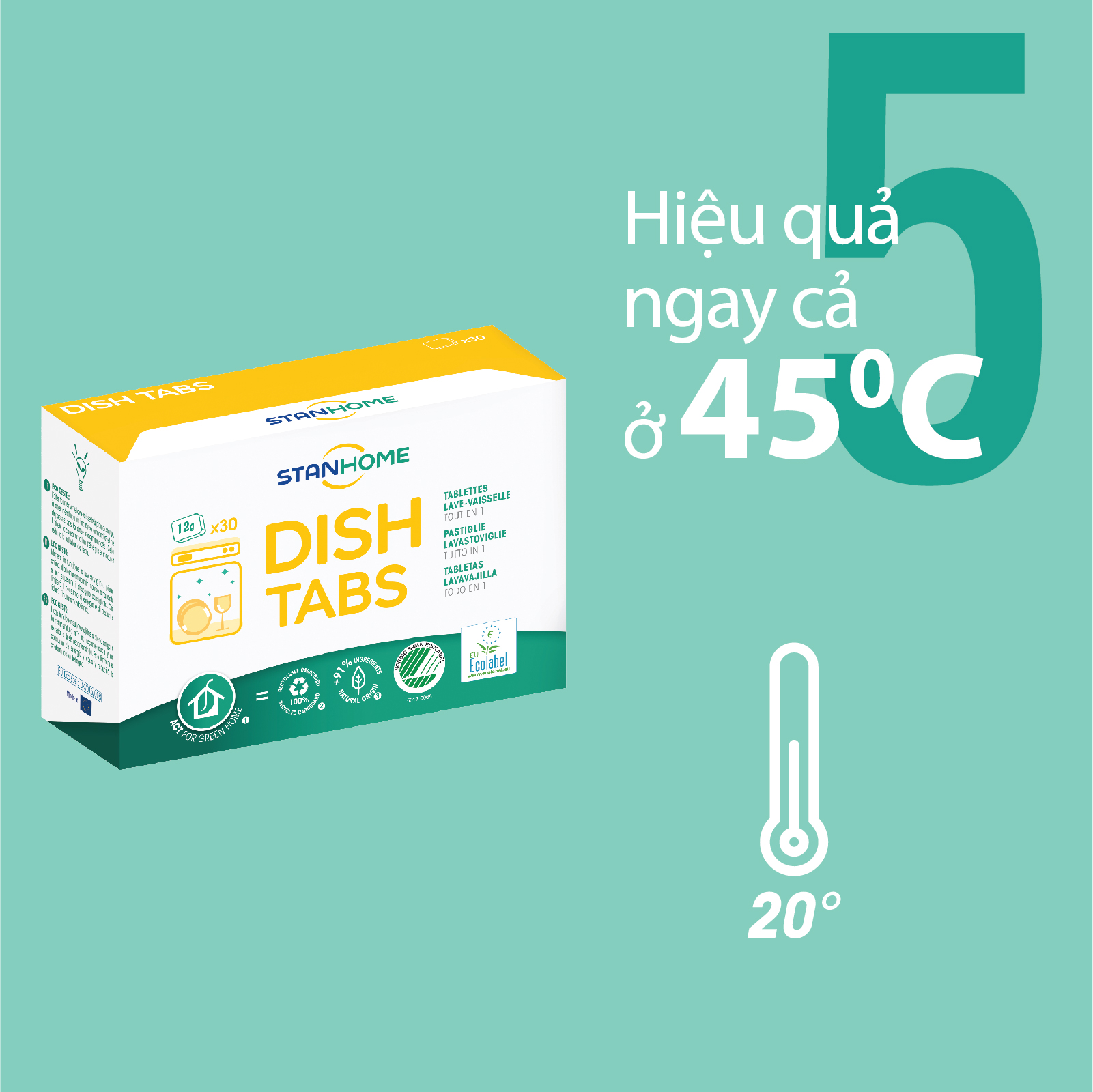 Viên rửa bát cho máy Stanhome Dish Tabs All in one tiêu chuẩn Ecolabel Châu Âu và Ecolabel Bắc Âu - Hộp 30 viên – 12g/viên