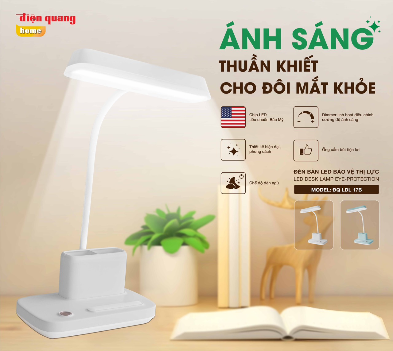 Đèn Bàn LED Cảm Ứng Điện Quang ĐQ LDL17B 3 W (3W, Màu Trắng, Tích Hợp Đèn Ngủ Và Hộp Cắm Bút)