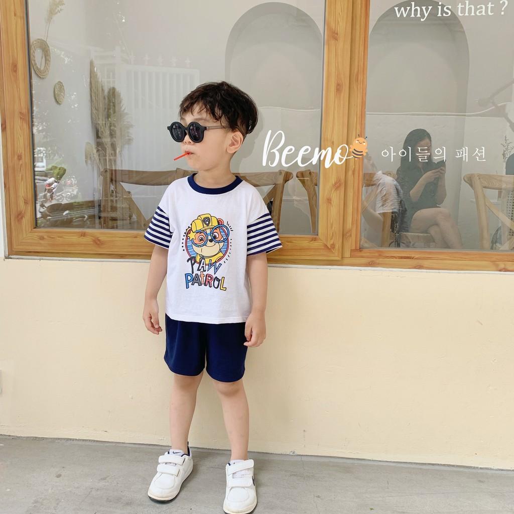 Set áo phông quần ngố bé trai họa tiết phối tay kẻ phong cách Hàn Quốc size 9-23kg