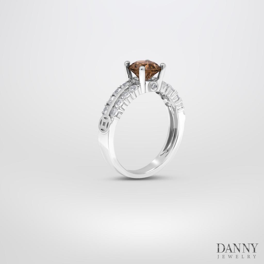 Nhẫn Danny Jewelry Bạc 925 Xi Rhodium Đá Smoky Quartz Viền CZ N0105