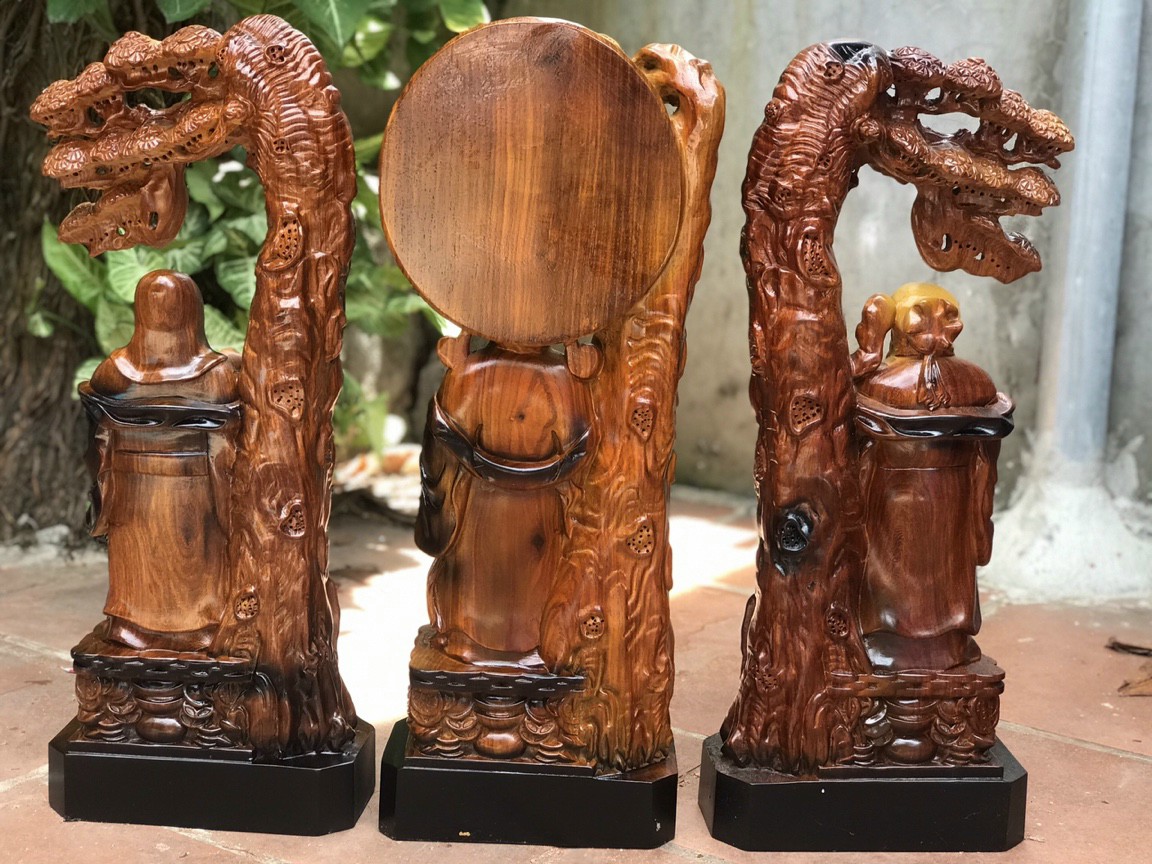 Bộ tượng phật tam đa phúc lộc thọ bằng gỗ hương đá pu tô làm mầu giả cổ kt cao 40×16×8cm