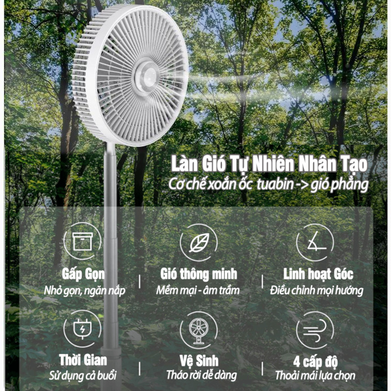Quạt tích điện gấp gọn thông minh RoHS 10800mAh dùng tới 50h khiển từ xa xuất EU - Hàng chính hãng