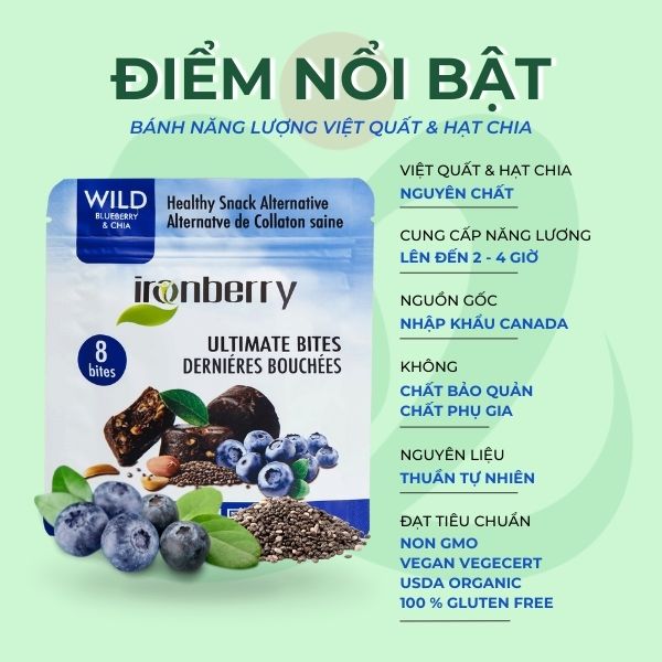 Bánh năng lượng việt quất & hạt chia IRONBERRY thực phẩm dinh dưỡng thuần chay ăn kiêng KOSHER, không GMO, không GLUTEN