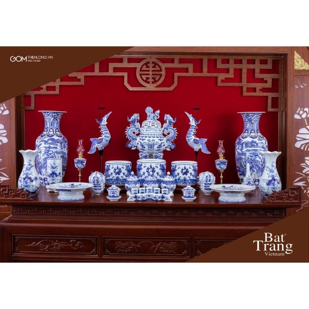 Bộ Đồ Thờ Gia Tiên Xanh Lam Ngọc Cao Cấp - Đồ Thờ Cúng Bát Tràng - Gốm Thiên Long