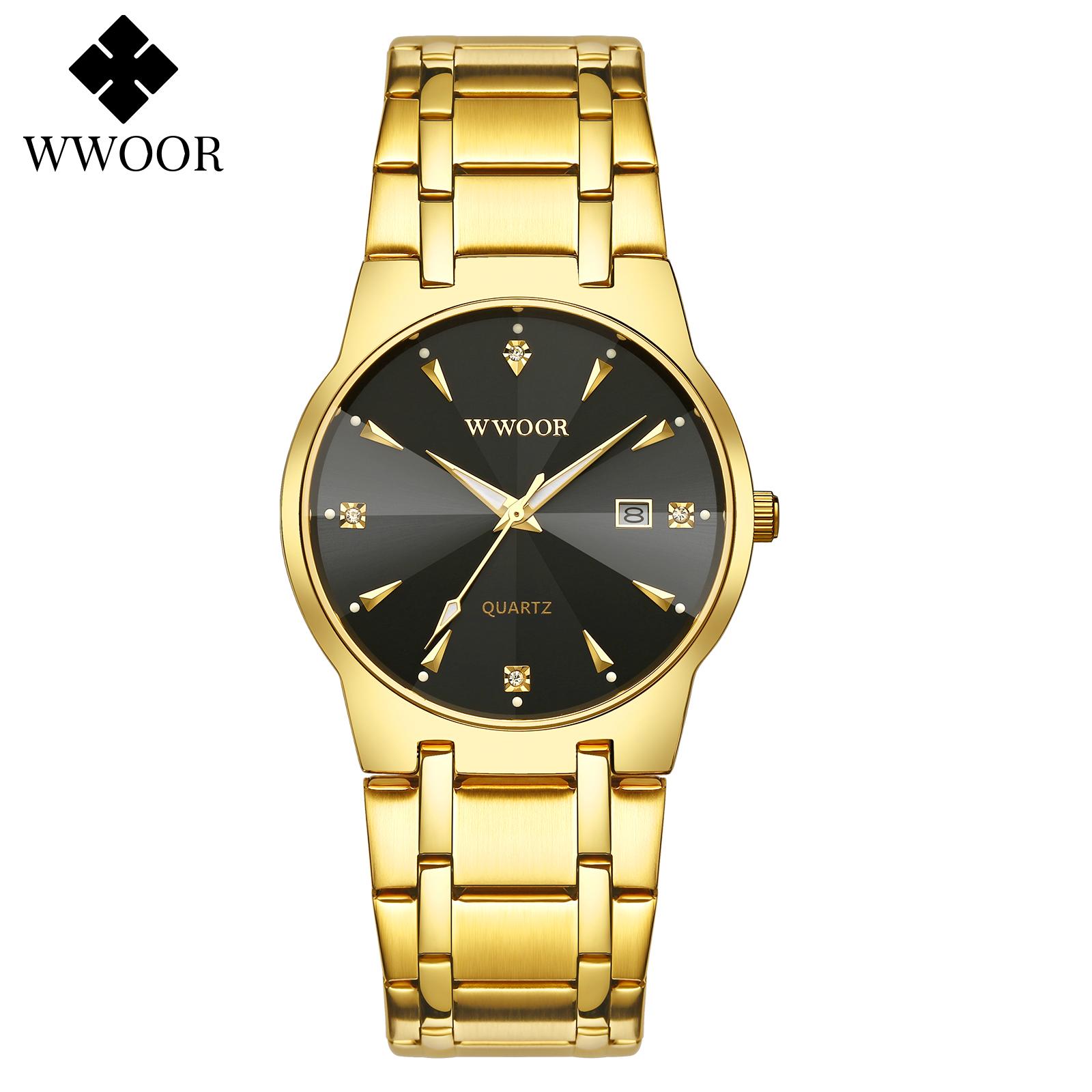 Đồng hồ đeo tay nam WWOOR Quartz Watch mặt số kim cương,con trỏ phát sáng 30M - Vàng hồng và đen