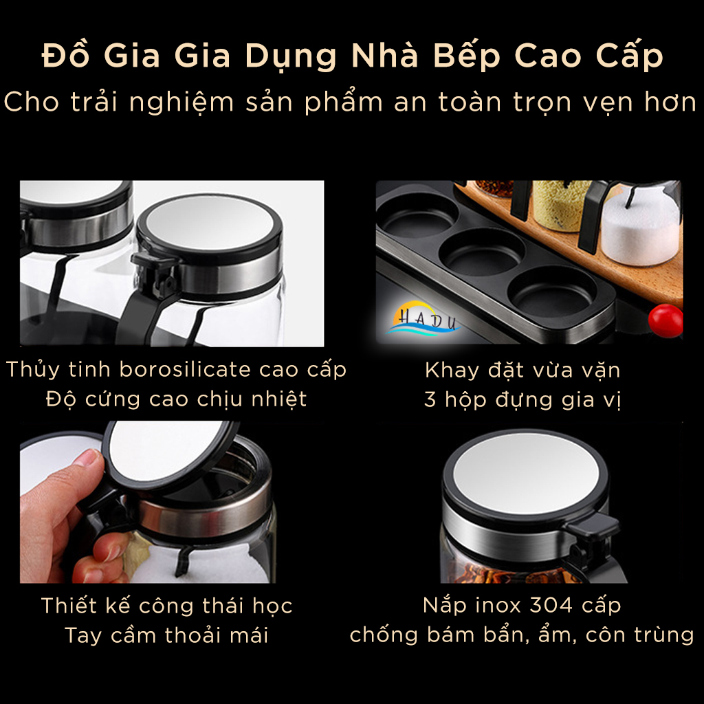 Bộ Hộp Hũ Đựng Gia Vị Thủy Tinh Nhà Bếp Thông Minh 3 Ngăn Cao Cấp Đạt Chất Lượng LFGB Đức SSGP