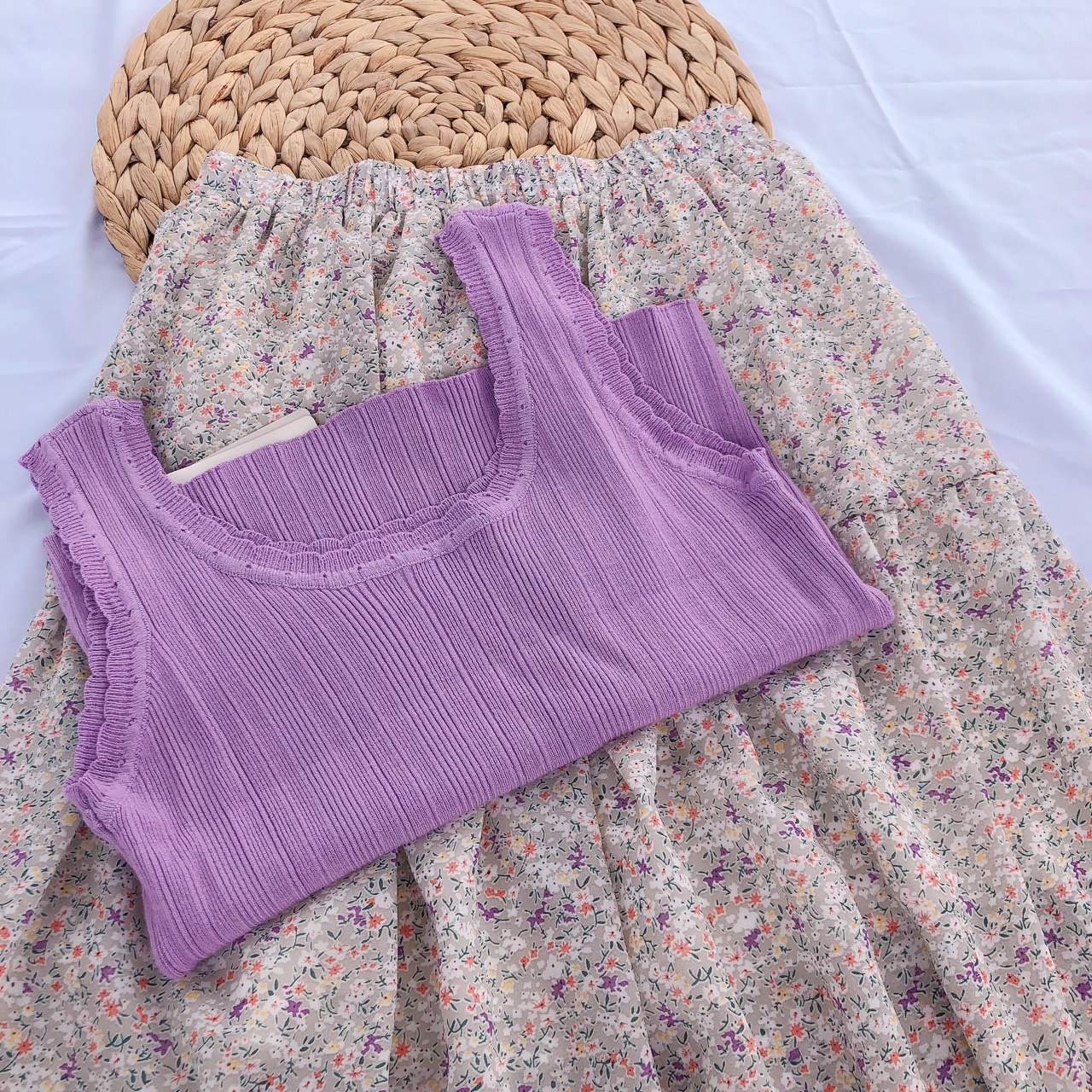 Chân váy hoa nhí vintage NALYSA vải voan 2 lớp kiểu xoè nhiều màu xinh xắn V002