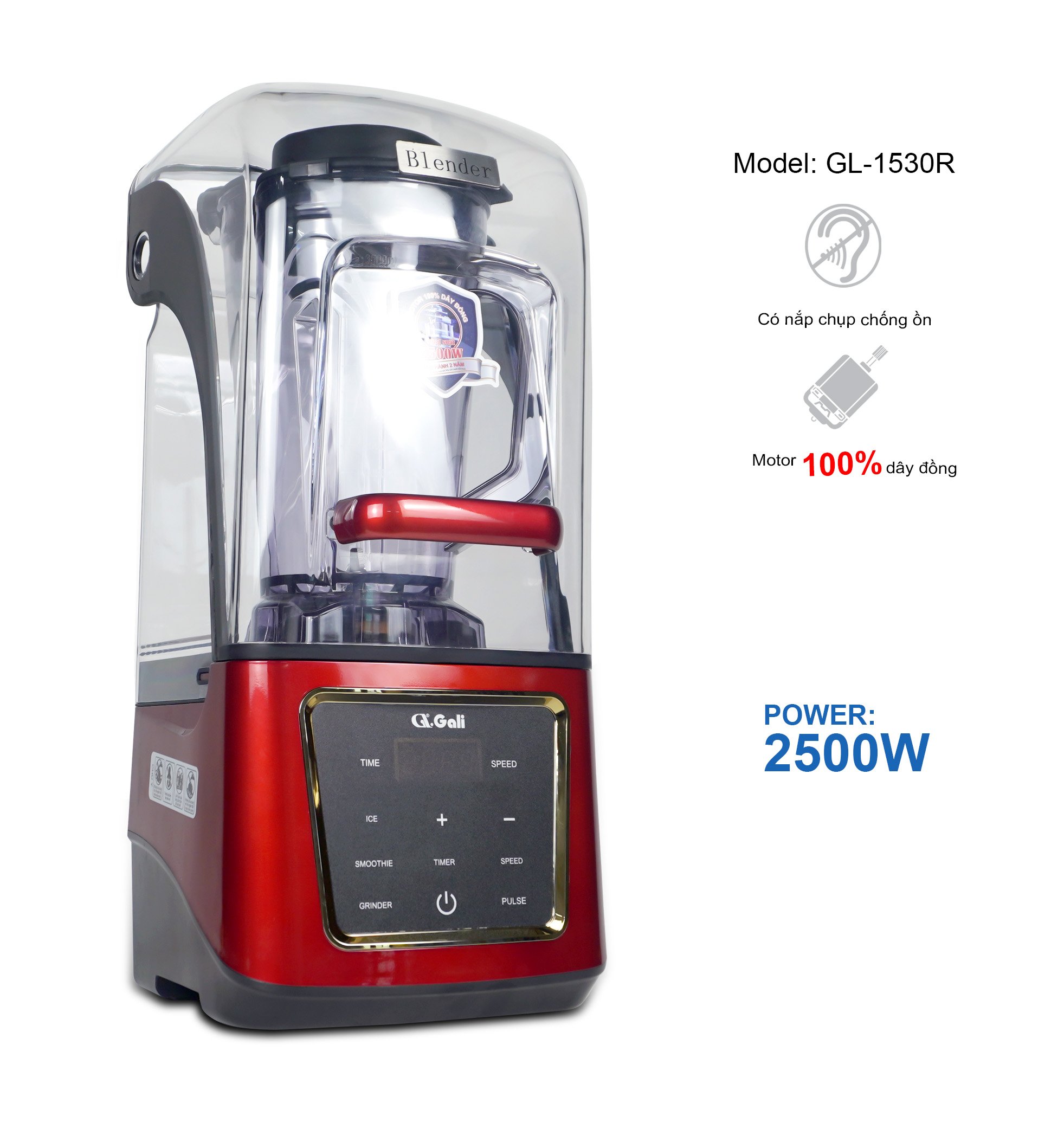 Máy Sinh Tố Công Nghiệp Gali GL-1530R DUng tích 4 Lít. Thiết kế chống ồn. Motor được quấn bằng đồng, Cối bằng nhựa PC siêu bền, Dao bằng thép không gỉ. Hàng chính hãng bảo hành 24 tháng