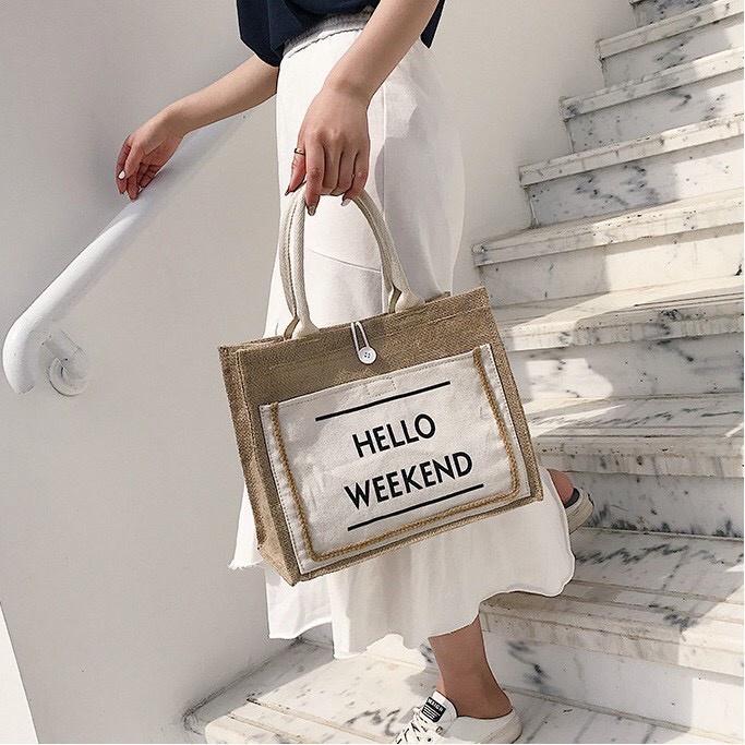 Túi Cói Hello Weekend Size 36cm Cao Cấp Siêu Xinh Thời Trang Hàn Quốc Loại Đẹp Dày Dặn (T046)