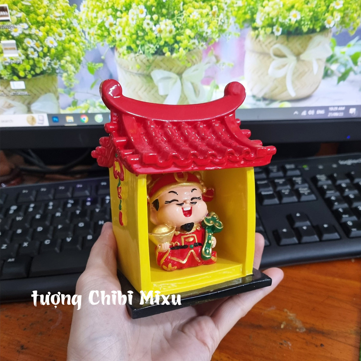 Bộ thờ cúng Miếu Thần.Tài (gồm miếu size đại + tượng Thần Tài 6cm) mô hình bàn thờ Thần Tài mini