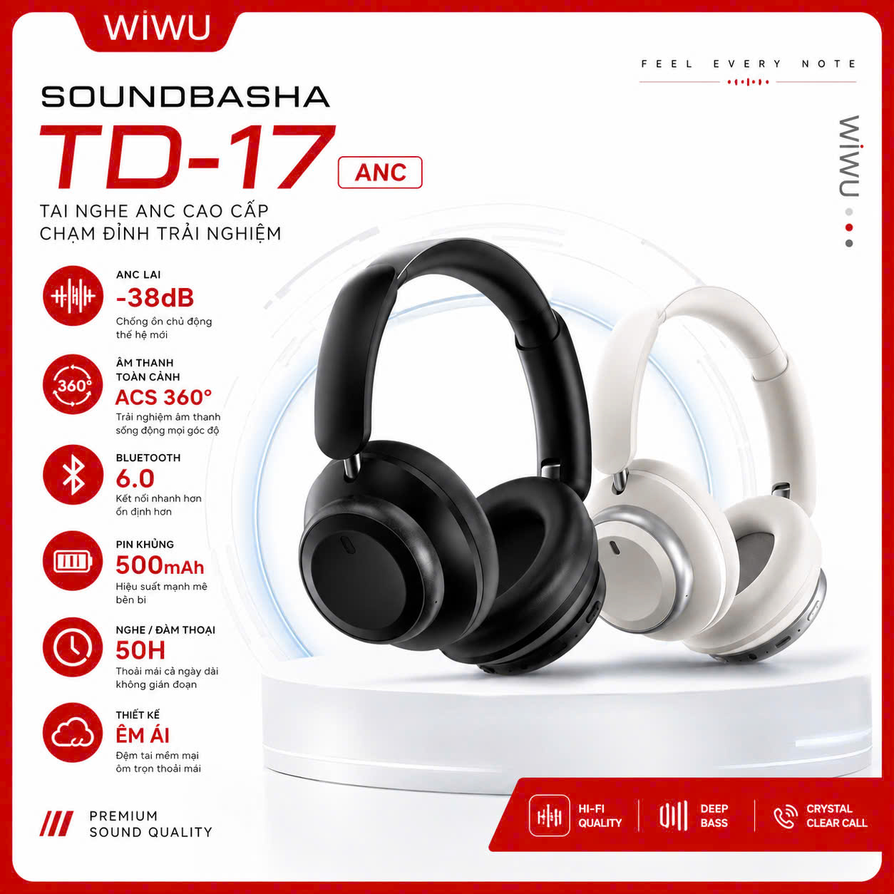Tai Nghe chống ồn ANC Kép SilentCore Hybrid Bluetooth V6.0 không dây Hi-Res ACS WIWU Soundbasha TD-17 cho iphone ipad oppo z fold samsung - Chống Ồn Hybrid ANC, Bluetooth 6.0, Pin 50 Giờ, Âm Thanh ACS 360° - Hàng nhập khẩu