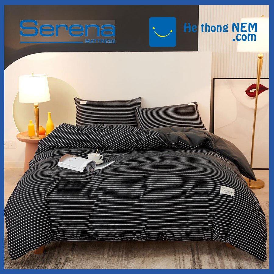 Bộ ga giường Cotton SERENA ga chun cao cấp bộ 5 món chăn ga vỏ gối chần bông - Hệ Thống Nệm