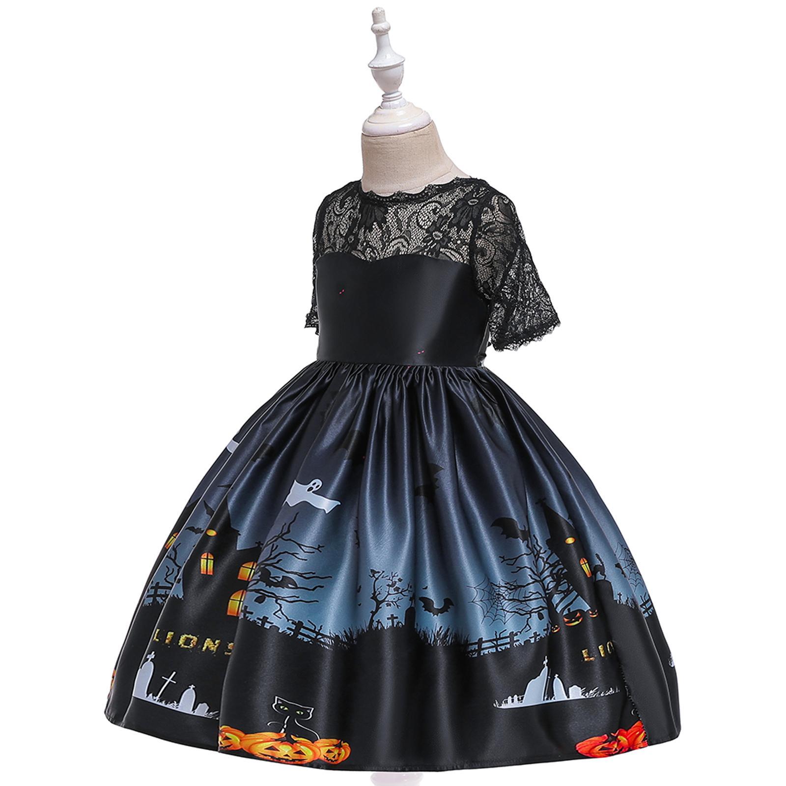Kids Girls Halloween Costume Dress Pumpkin Skull Printed Fancy Dress Up Cosplay Party Outfits