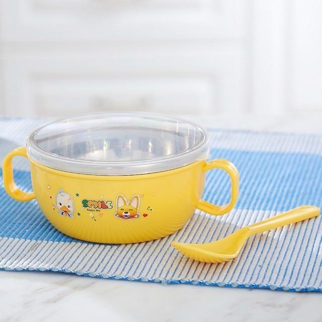 Sỉ =Lẻ - Bát Ăn Dặm Inox Cách Nhiệt Có Tay Cầm Kèm Muỗng Và Nắp Cho Bé