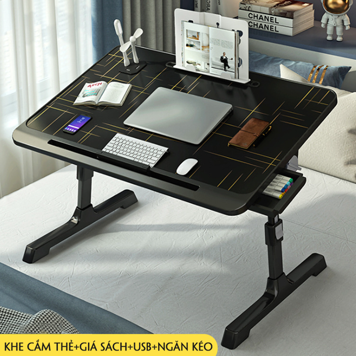 Bàn làm việc ngồi giường màu đen mẫu cao cấp, bàn gấp ngồi giường Full, ngăn kéo, USB, giá sách, khe cắm thẻ KO126