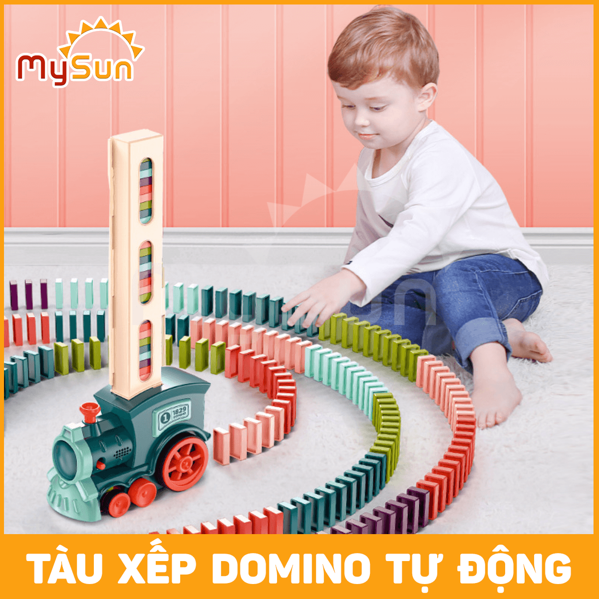 Xe lửa tàu hỏa DOMINO đồ chơi xếp hình cho bé thông minh bằng nhựa chạy pin MySun