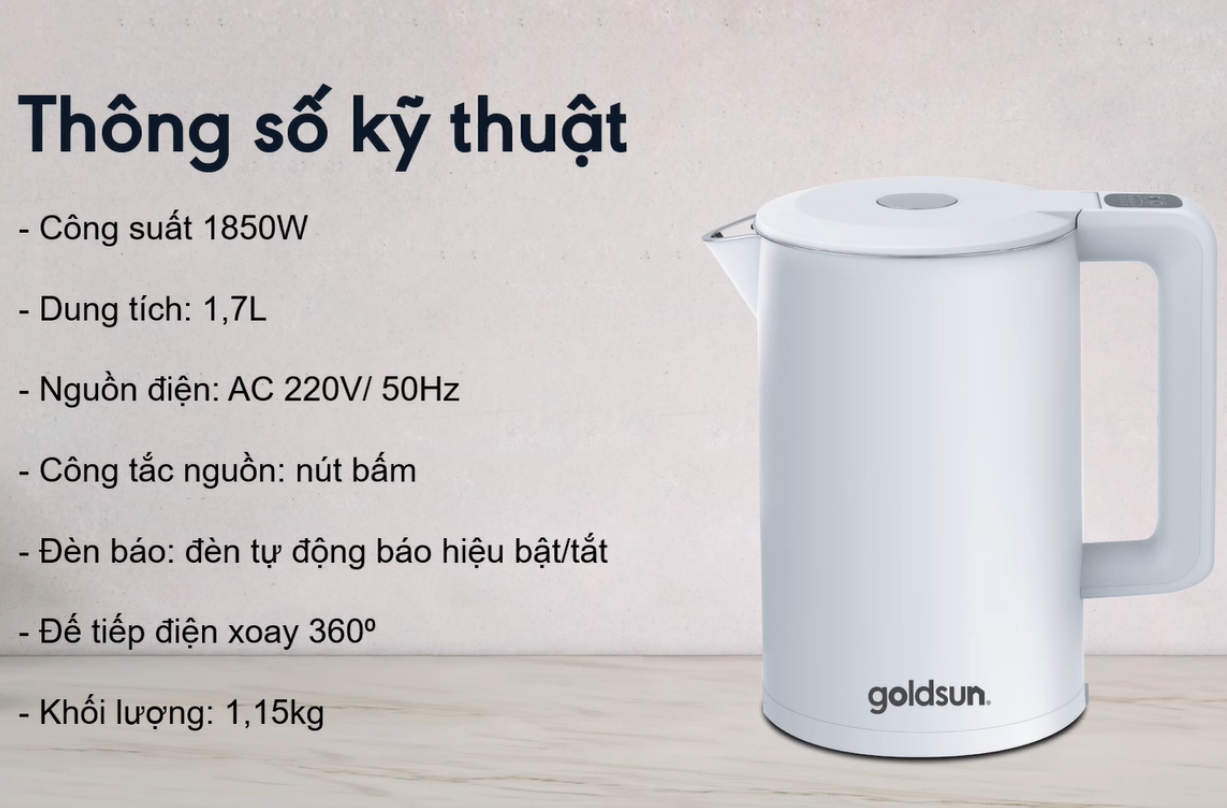 Ấm Siêu Tốc Thông Minh Căn Chỉnh Nhiệt Độ GOLDSUN GKT2642, 4 Chế Độ Điều Chỉnh, Dung Tích 1.7L, Công Suất Cao 1850W - Hàng Chính Hãng