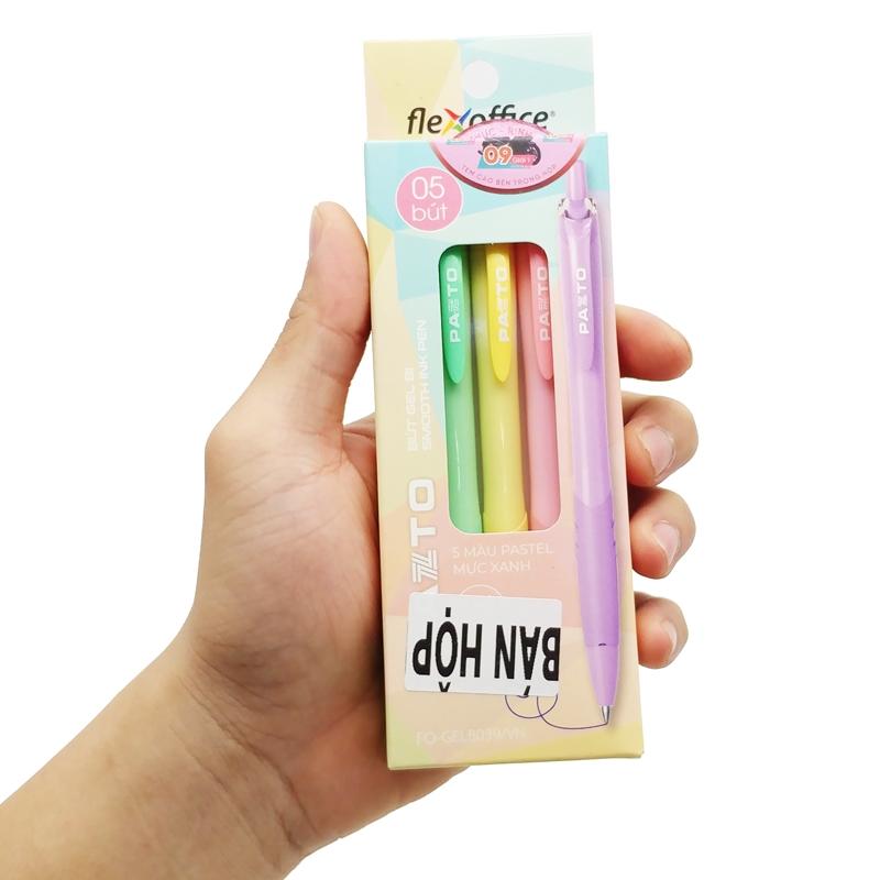 Hộp 5 Bút Gel Bấm 0.6 mm Màu Pastel Pazto - Flexoffice FO-GELB039 - Mực Xanh