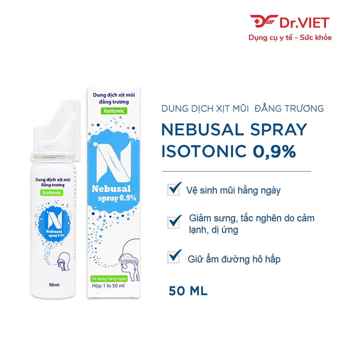 Dung dịch nước biển xịt mũi đẳng trương Nebusal spray 0.9% chai 50ml vệ sinh mũi, ngừa nghẹt mũi, sổ mũi