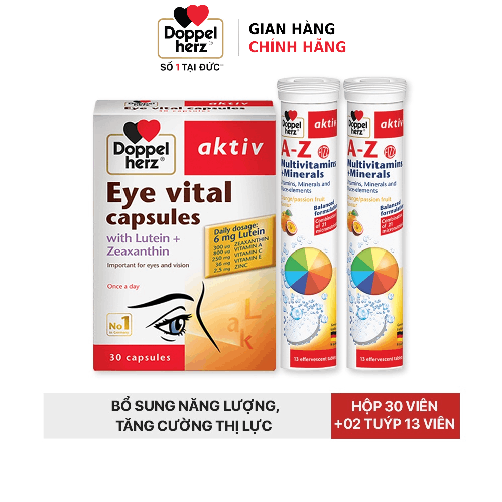Combo bổ sung vitamin, khoáng chất và bổ mắt Doppelherz Eye Vital + 02 tuýp sủi A-Z Fizz