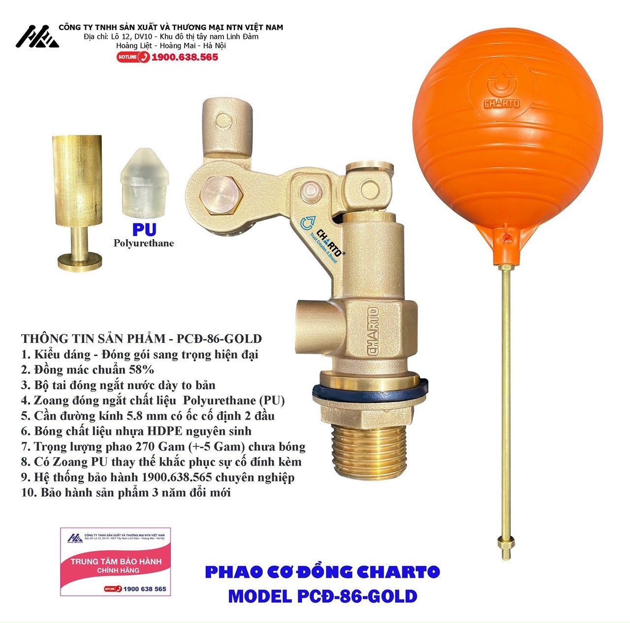 Phao cơ chống tràn đồng thau PCĐ-86-GOLD Charto (bảo hành 3 năm đổi mới)