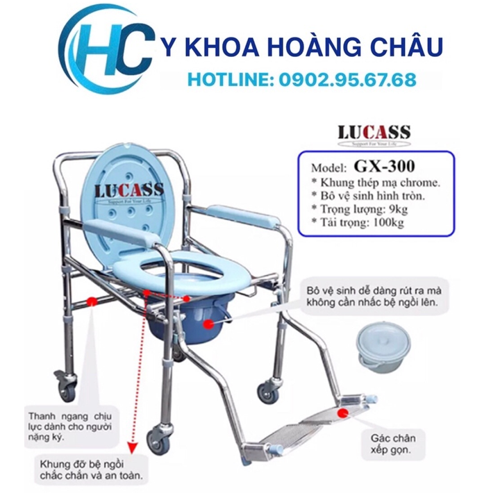 Ghế Bô Vệ Sinh Có Bánh Xe, Bô Tròn, Có bánh xe, có Gác Chân Lucass GX-300 ( GX300 )(Tiêu chuẩn Mỹ)