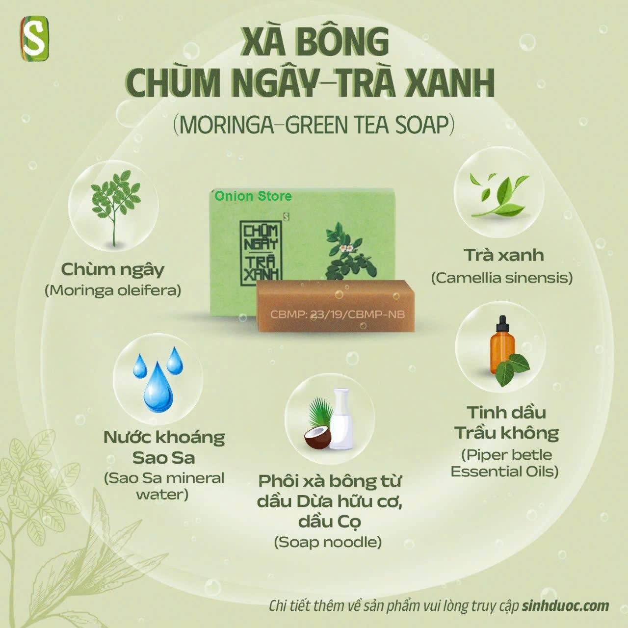 Xà bông Sinh Dược Chùm ngây Trà xanh, xà bông cục handmade 100gr, mẫu bao bì vẽ mộc, mùi trầu không, làm sạch diệt khuẩn hiệu quả từ trầu không, trà xanh theo YHCT có tính mát cho da