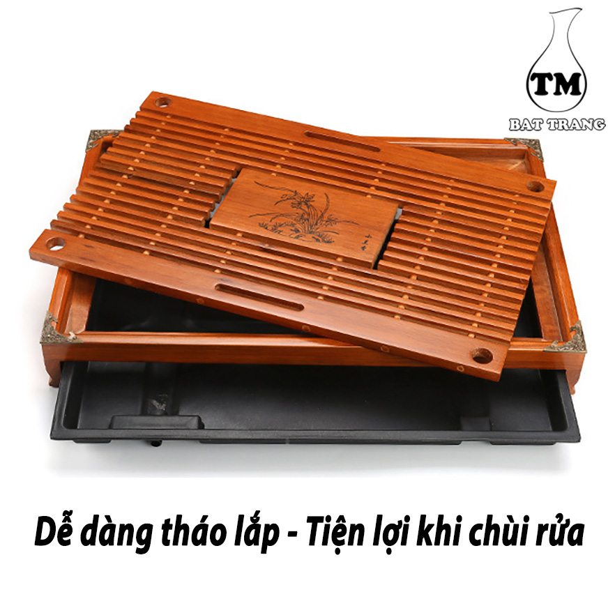 Khay Trà Tre Đựng Ấm Chén Khắc Lan + Tặng 01 Cây Thông Thơm