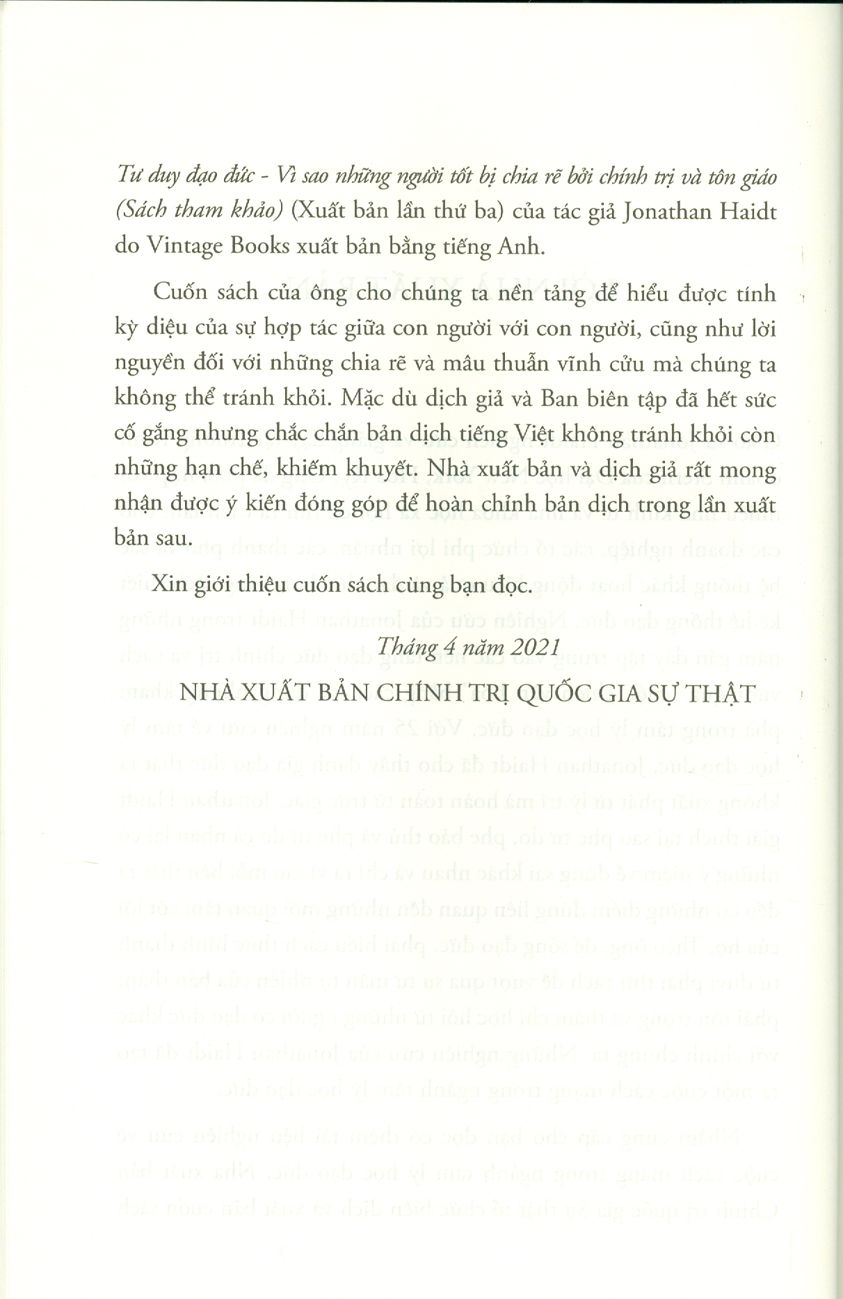 Tư Duy Đạo Đức - Vì Sao Những Người Tốt Bị Chia Rẽ Bởi Chính Trị Và Tôn Giáo - Tái bản lần thứ ba năm 2021