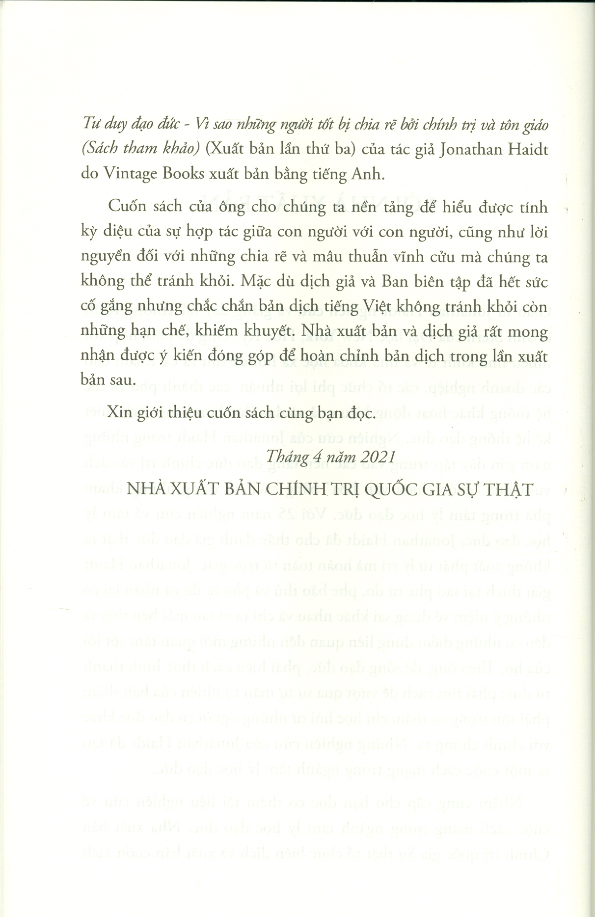 Tư Duy Đạo Đức - Vì Sao Những Người Tốt Bị Chia Rẽ Bởi Chính Trị Và Tôn Giáo (Sách tham khảo) - Tái bản lần thứ ba năm 2021