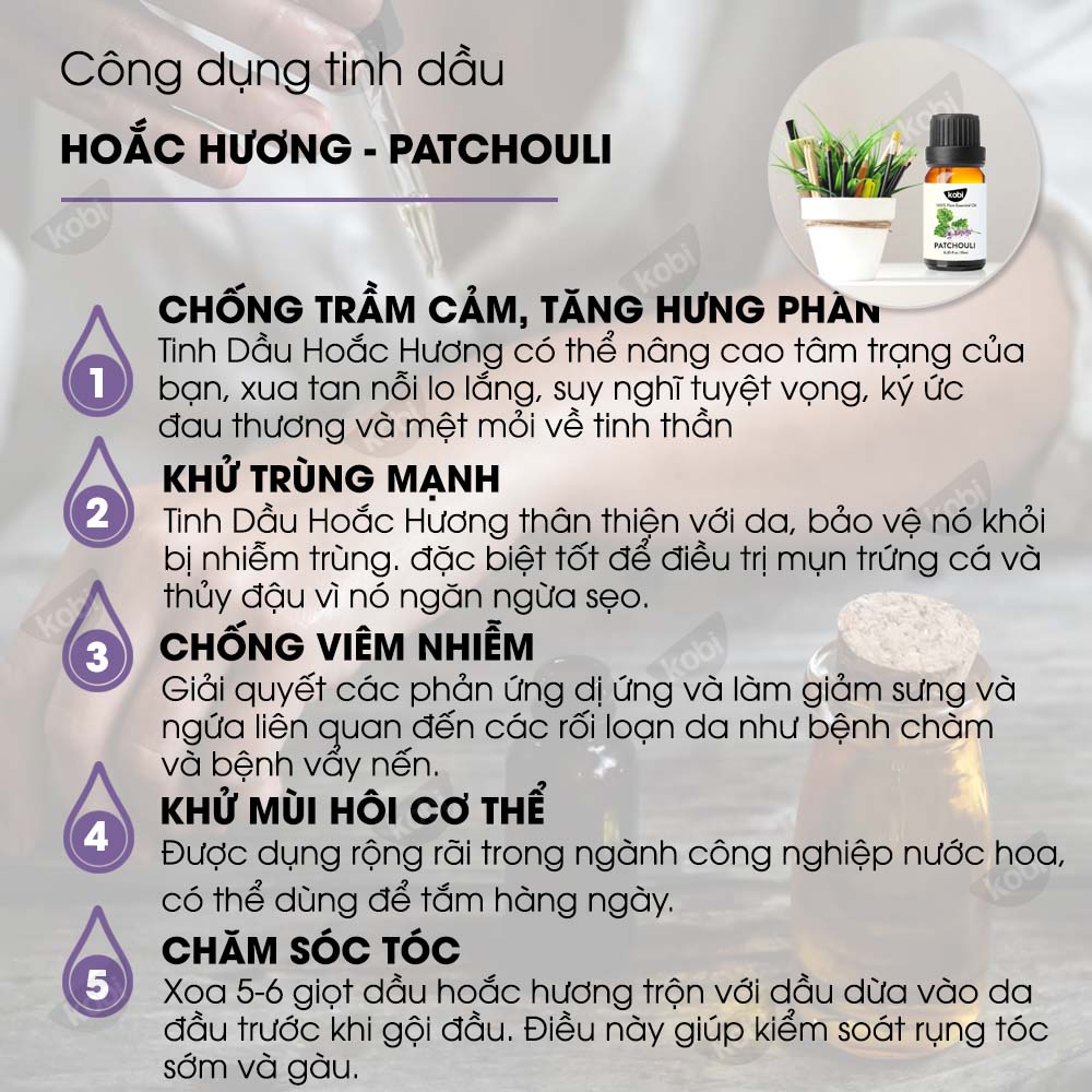 Tinh dầu Hoắc Hương Kobi Patchouli essential oil giúp tăng hưng phấn, khử trùng hiệu quả