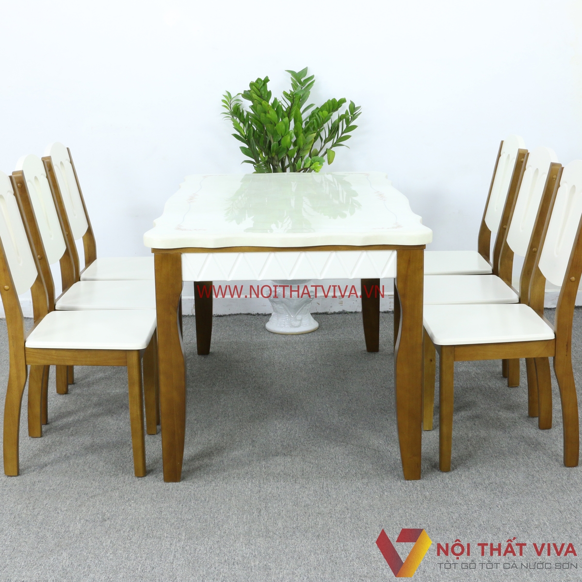 Bộ Bàn Ăn Mặt Đá Cẩm Thạch Gỗ Xoan 6 Ghế Màu Óc Chó Phối Trắng Cao Cấp