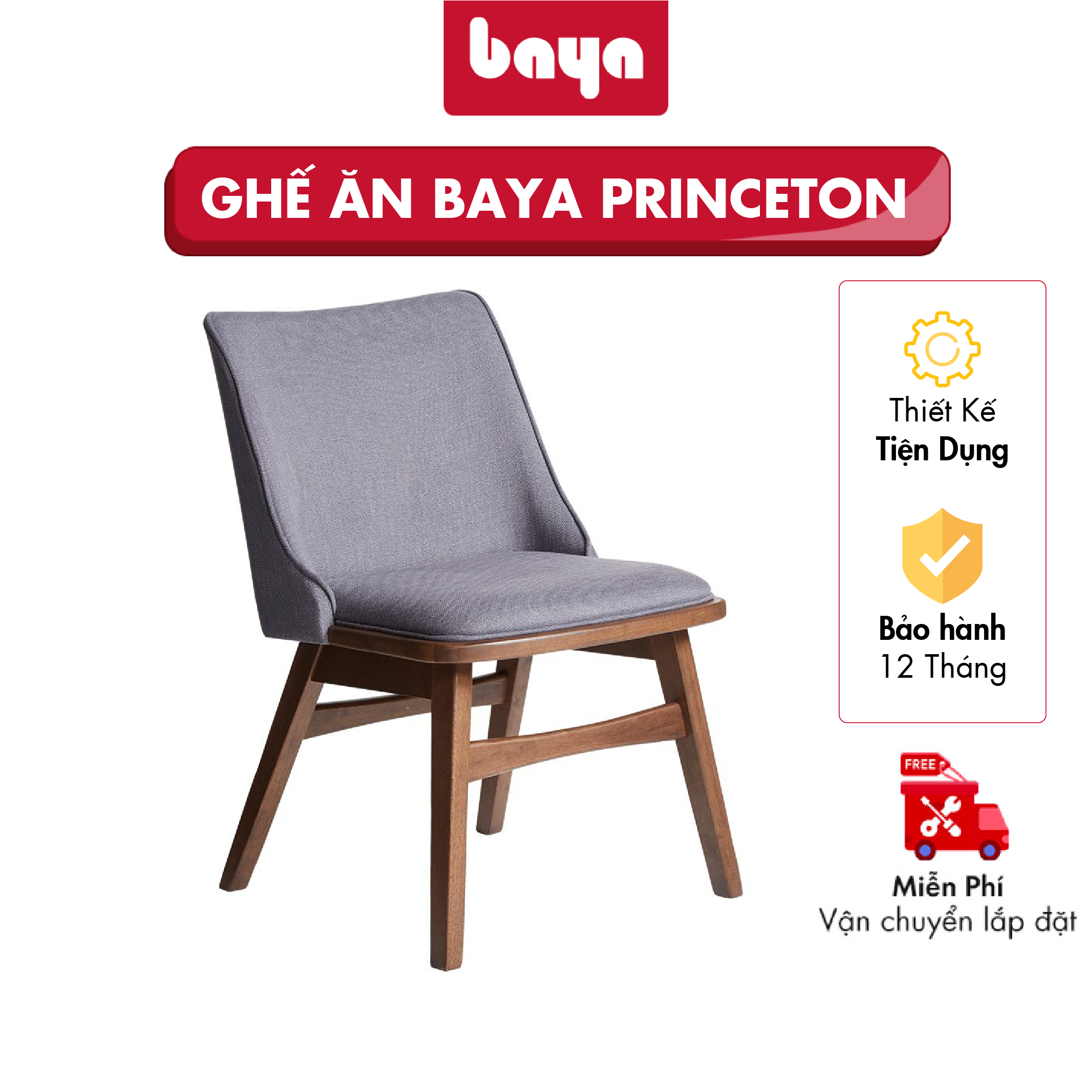 Ghế Ăn BAYA PRINCETON Mang Đậm Phong Cách Á Châu, Phần Khung Làm Từ Gỗ Cao Su Chắc Chắn, Dẻo Dai, Đệm Ngồi Bọc Vải Tổng Hợp Êm Ái, Dễ Chịu 1060911