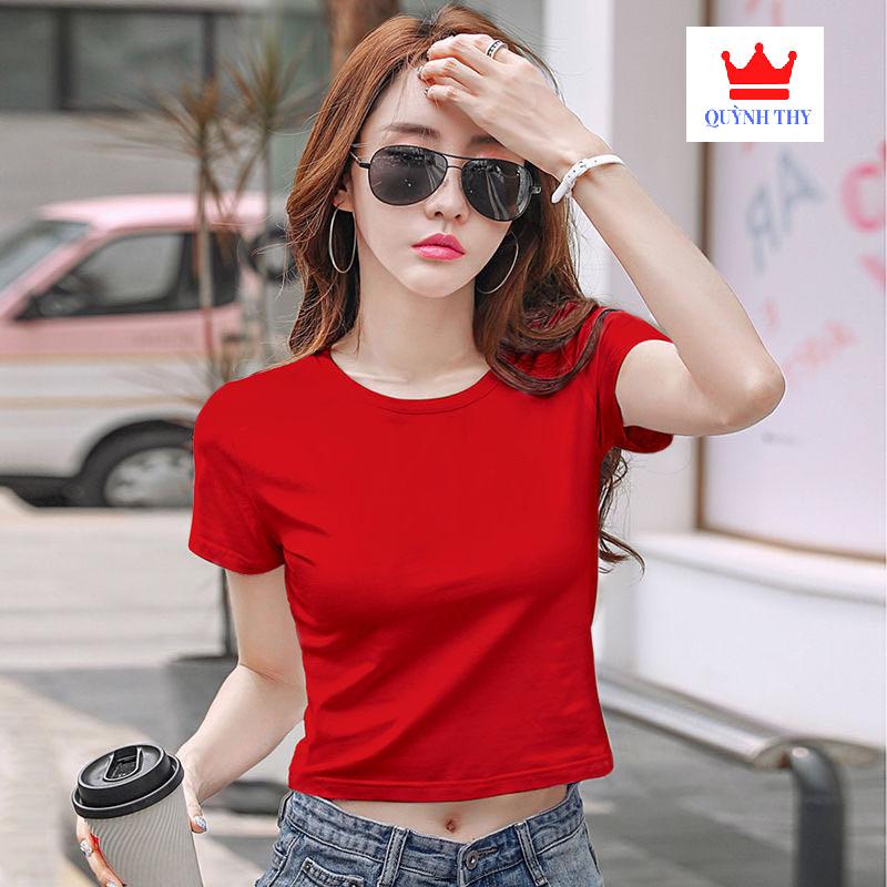 Áo thun Nữ croptop cổ tròn tay ngắn 7 màu cotton lạnh chất đẹp siêu co giãn chống bai xù