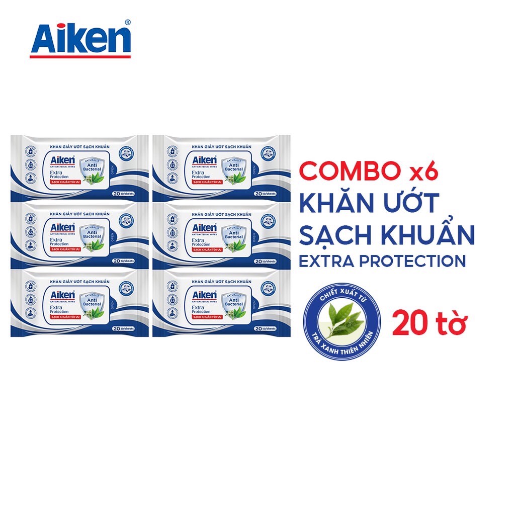 Aiken Combo 6 Gói Khăn Ướt Sạch Khuẩn Chiết Xuất Trà Xanh 20 tờ/gói