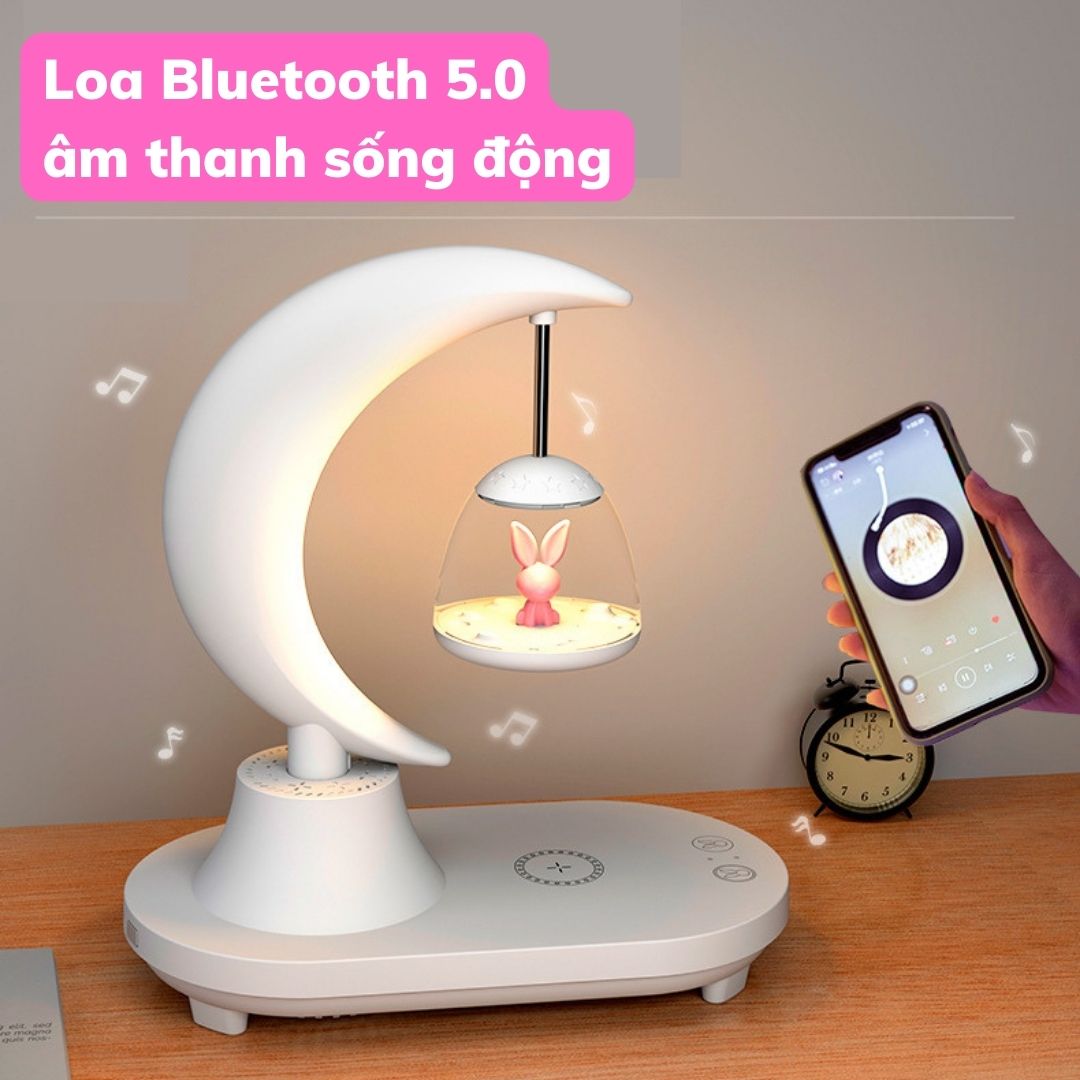 Đèn Ngủ Mặt Trăng Lơ Lửng 3 Trong 1 Mẫu Gấu Thỏ - Đèn decor kiêm sạc không dây, loa bluetooth