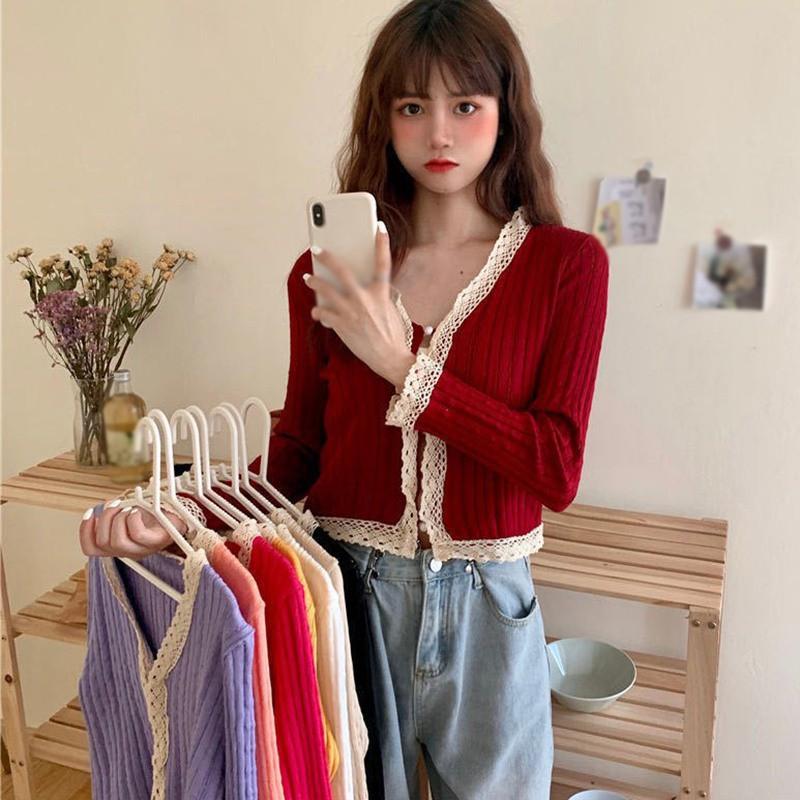 Áo khoác cardigan dệt kim mỏng dài tay phối nút ngọc trai thời trang cho nữ