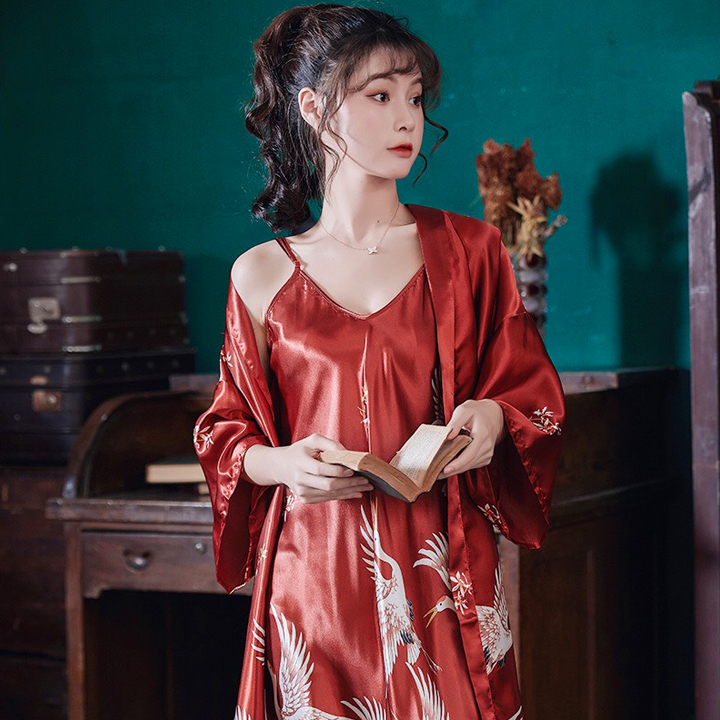 Combo váy ngủ lụa kèm áo choàng chim hạt Q133 - Sét choàng ngủ 2 món, Áo + Váy chất lụa satin cao cấp