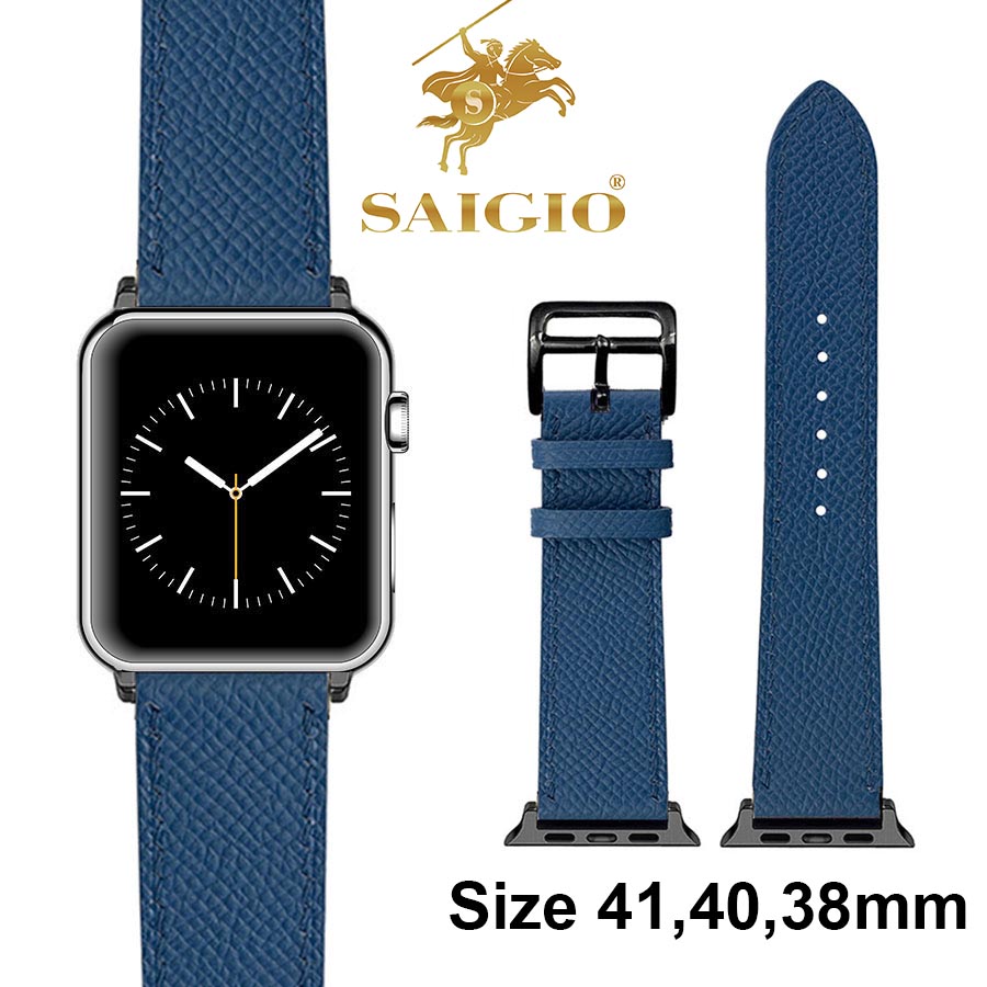 Dây Đồng Hồ Apple Watch 41mm 40mm 38mm, Chất Liệu Da Bê EPSOM Thảo Mộc Cao Cấp, Nhập Khẩu Từ Châu Âu, Dây Đeo Phong Cách Hiện Đại và Sang Trọng, Tương Thích Các Phiên Bản Series 8/7/6/5/4/3/2/1/SE/SE2 - Xanh Dương - ADAPTER ĐEN