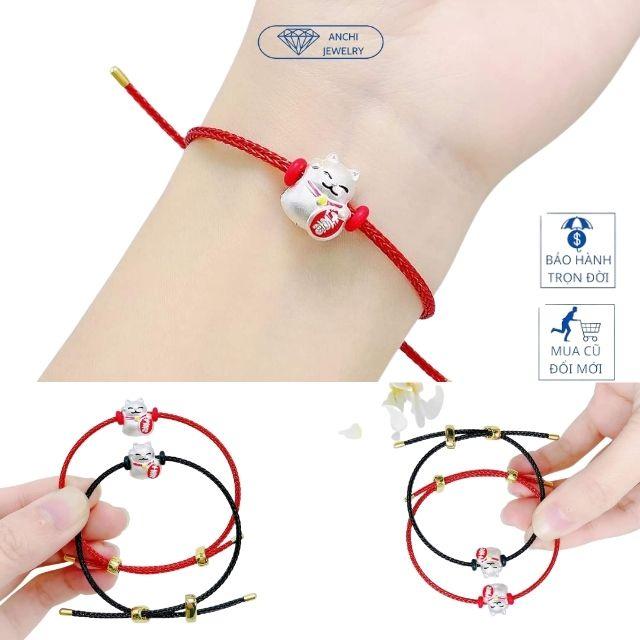 Vòng tay dây cước charm mèo thần tài, bạc ta dây 2mm may mắn, Anchi jewelry