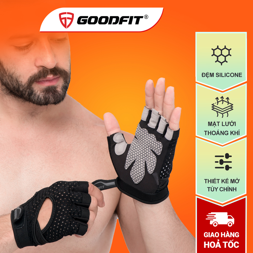 Bao tay tập gym, găng tay hở ngón tập xà đơn nam nữ GoodFit đệm silicone chống trượt, mỏng nhẹ thoáng khí GF203G